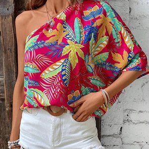Emery Rose Floral Tropical Print One Shoulder Batwing Sleeve Blouse size XL